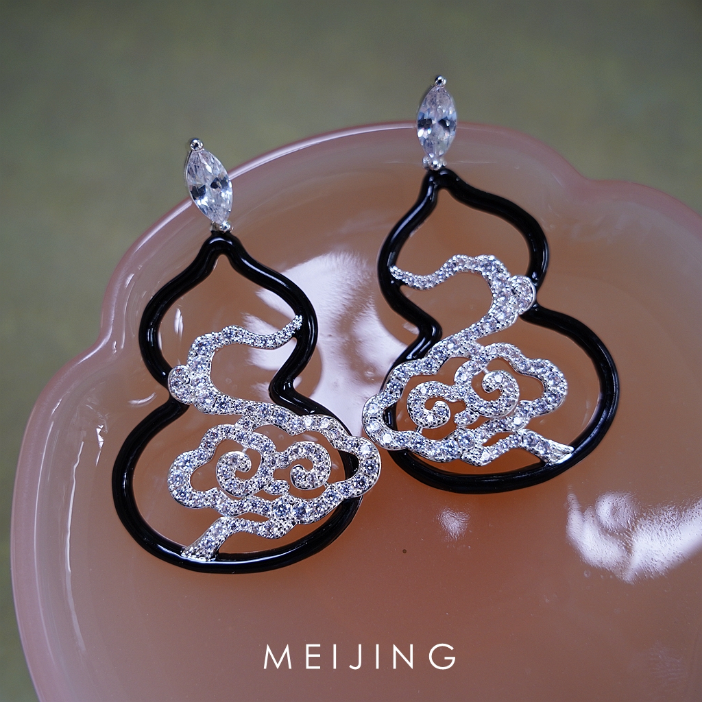 黄铜锆石耳饰 新中式重工设计感镂空祥云葫芦耳环