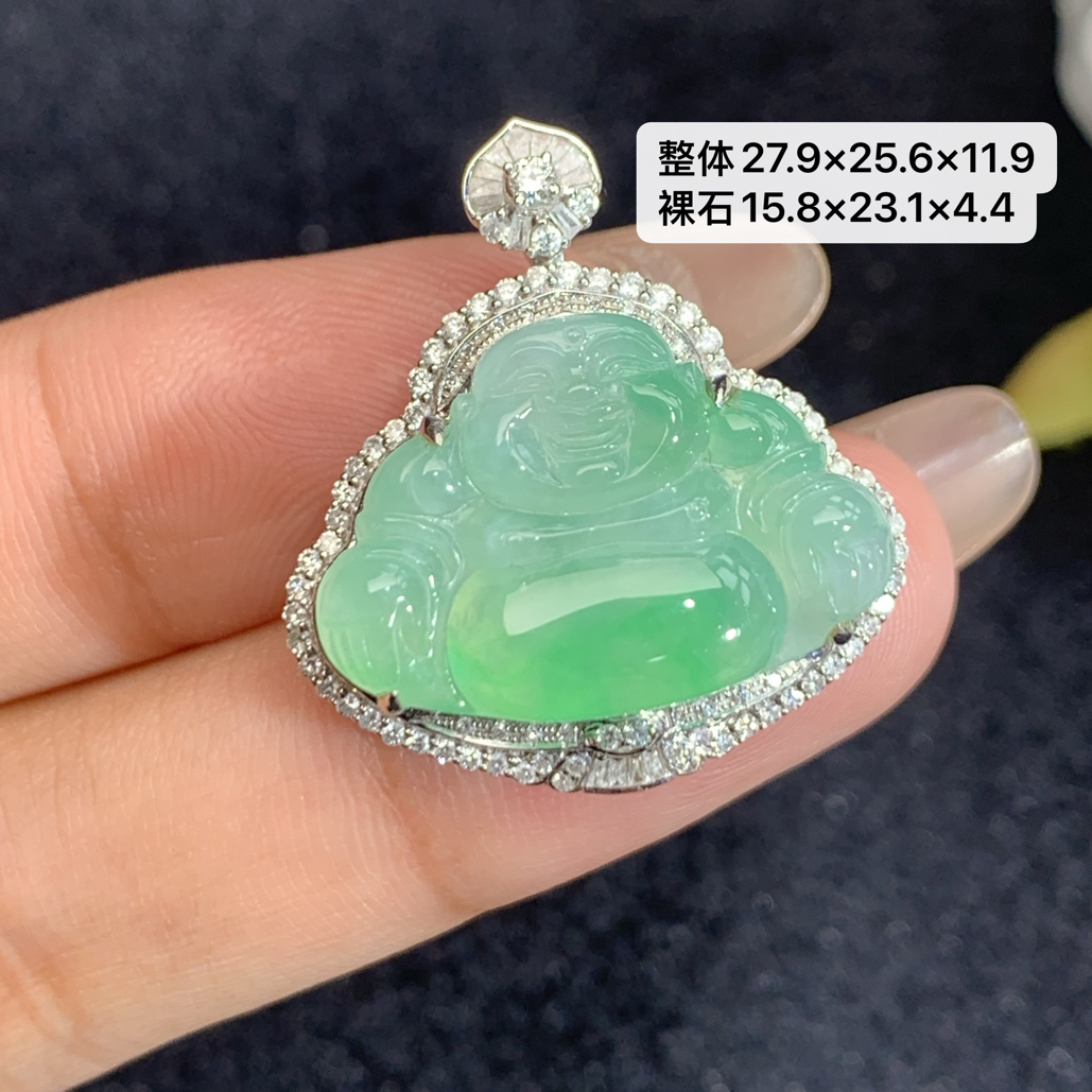 18K金镶嵌天然缅甸翡翠阳绿佛公吊27.9×25.6×11.9/15.8×23.1×4.4