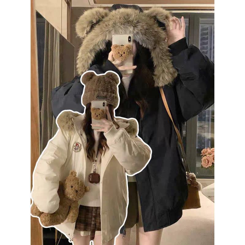 冬季新款减龄小熊刺绣加绒外套毛领连帽上衣休闲百搭款-25398