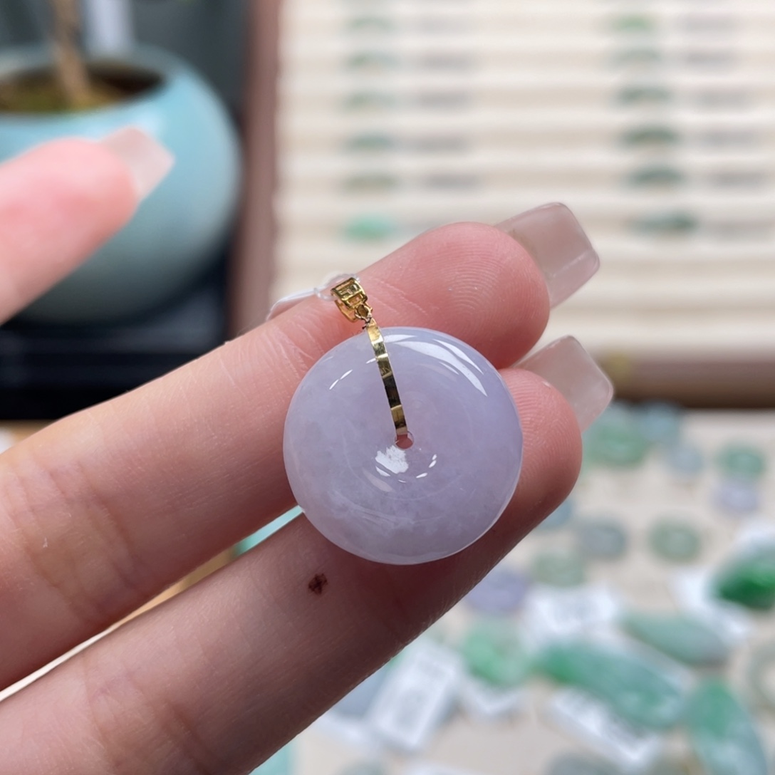 念***…翡翠18K金镶嵌吊坠(不含链)a12冰紫平安扣