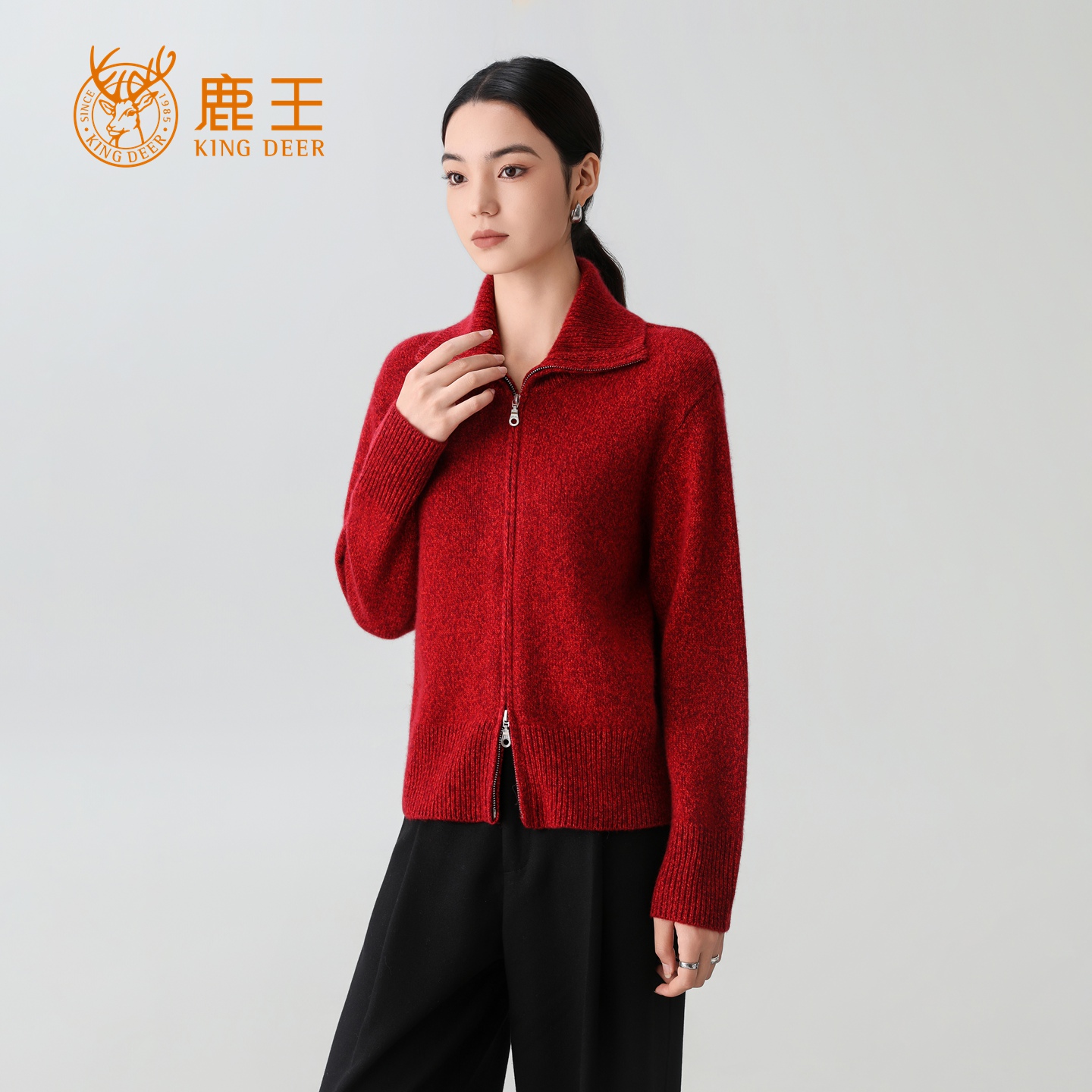 鹿王25秋冬新款女翻领100山羊绒重工花纱拉链开衫 加厚 RC069