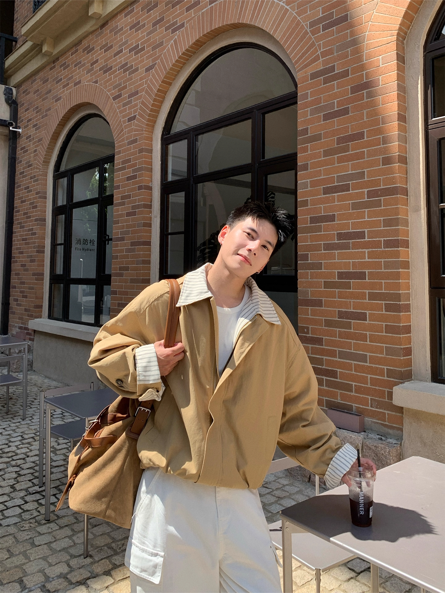 美式潮牌复古翻领拼接条纹夹克男女秋季宽松长袖开衫外套