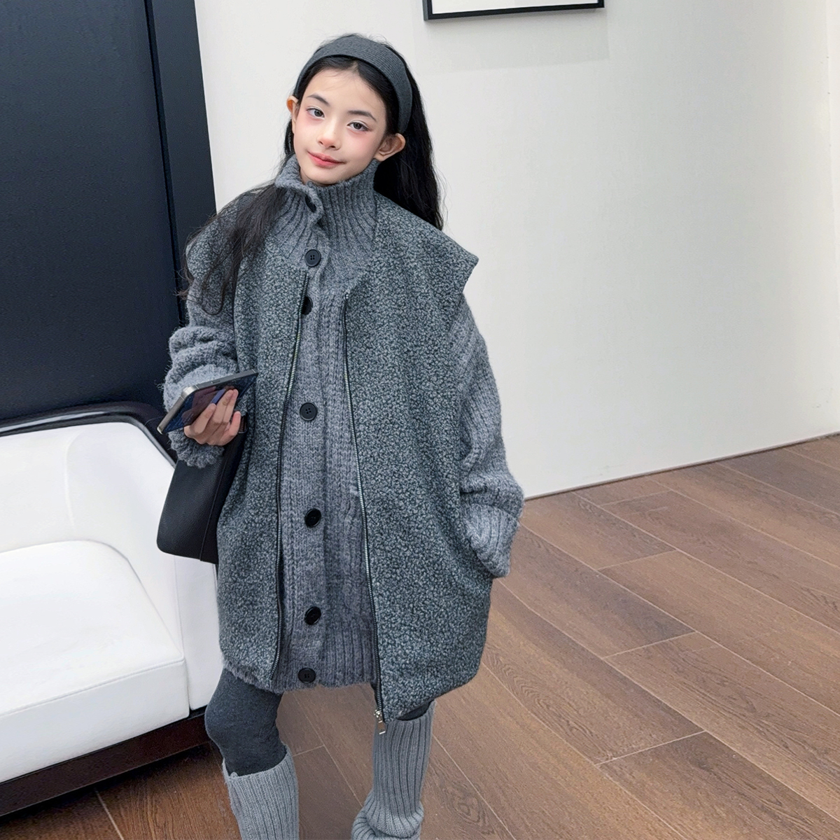 女童加厚毛衣套装韩系百搭简约针织开衫叠穿毛毛马甲两件套2025冬