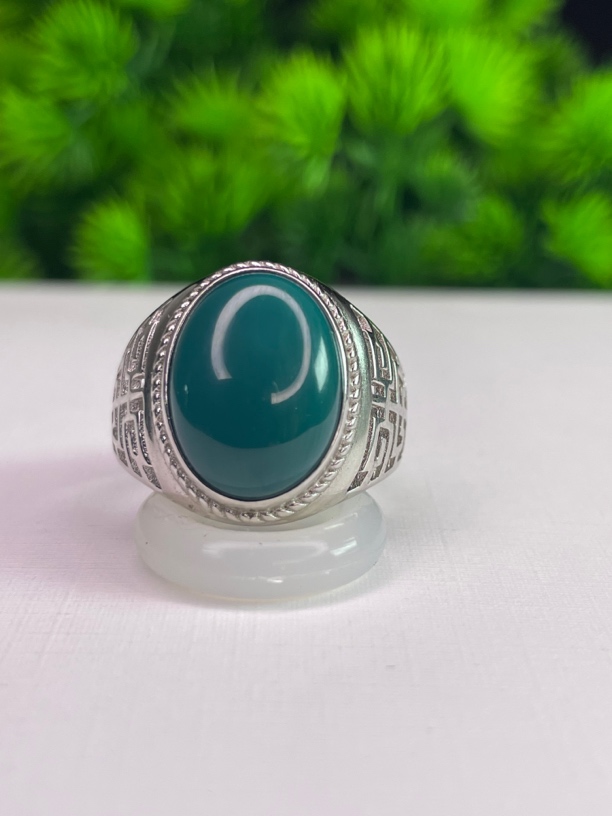 湖北竹山原矿绿松石高瓷全玉化灯透地狱色s925银镶嵌戒指15*11mm