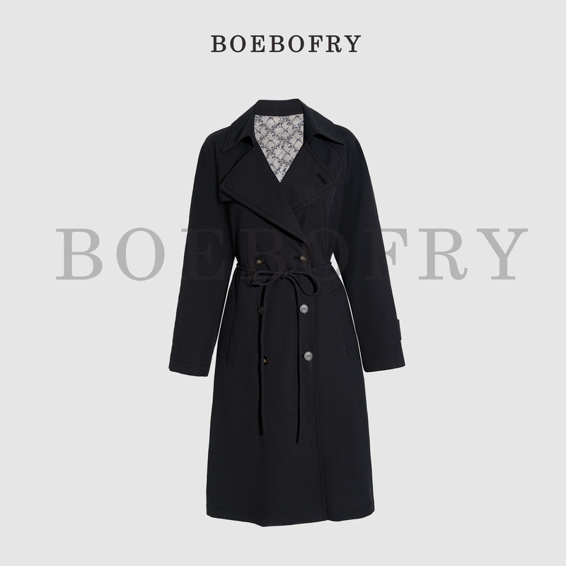 BOEBOFRY<黑色复古>棉混纺秋冬复古风收腰中长风衣外套BE3F0905