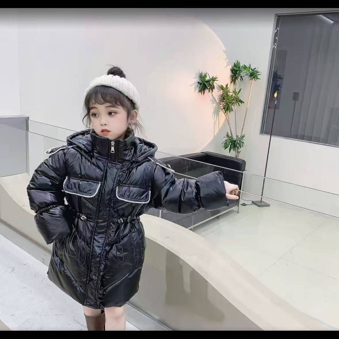 3059新款潮童女童冬季加厚保暖中长款连帽洋气棉服儿童外套