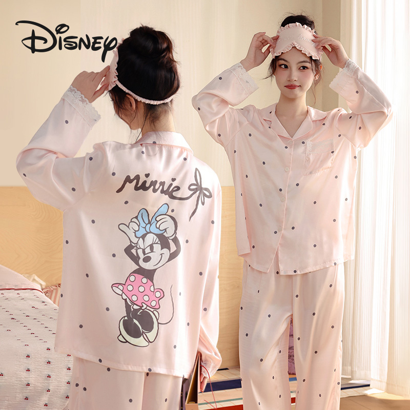 Disney/迪士尼米妮波点粉色可外穿女士睡衣长袖长裤家居服套装