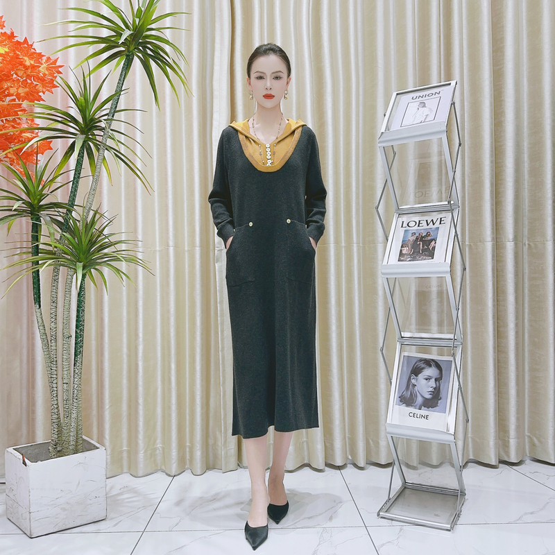 A121灰色黄色假两件设计款气质秋冬轻奢针织连衣裙时尚复古