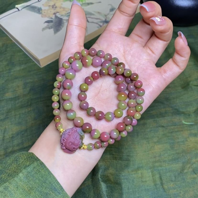 天然四川大凉山盐源玛瑙设计款象神西瓜色多圈手串项链手链手持礼