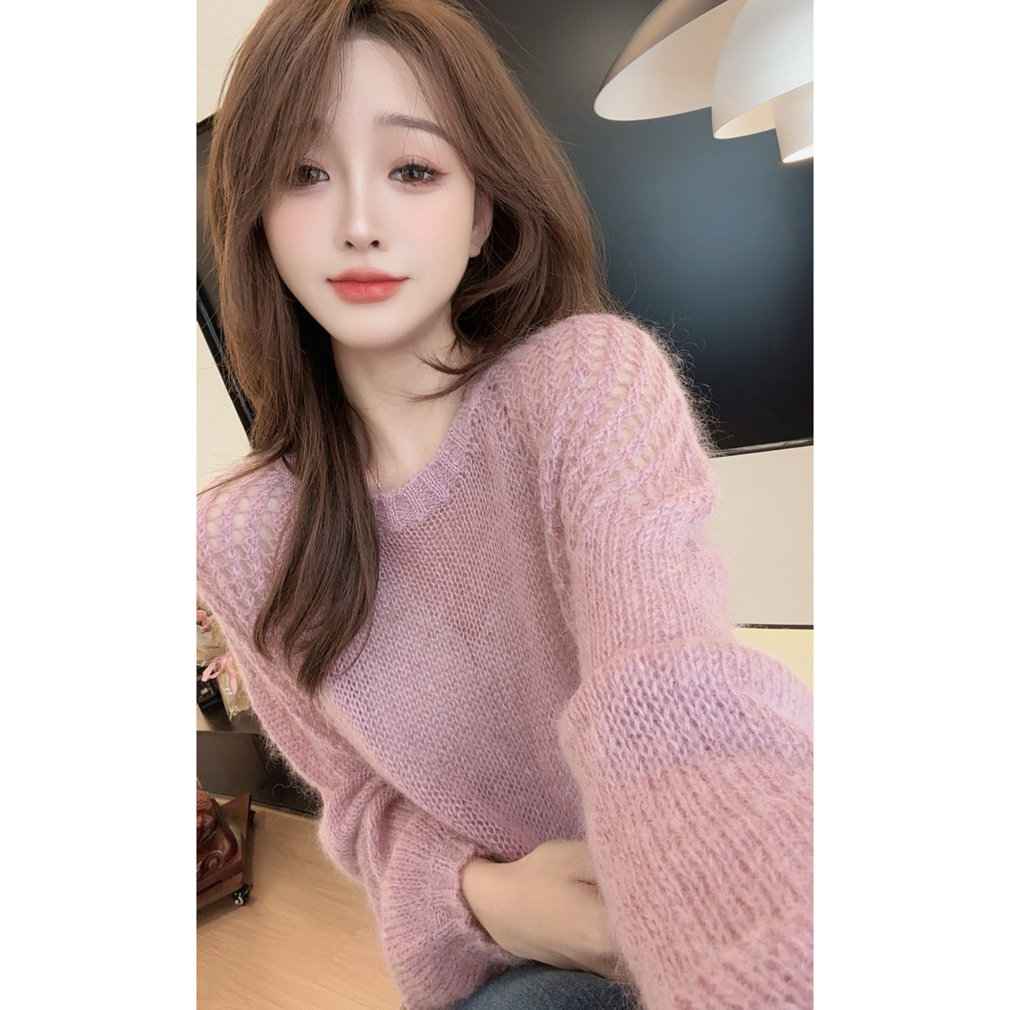 【陈陈私服】氛围感软糯粉色毛衣洋气慵懒镂空长袖针织衫25090906