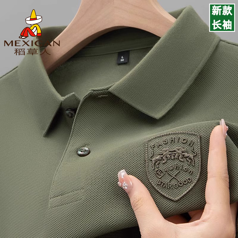 Mexican/稻草人长袖POLO衫男士春秋上衣翻领纯色中年商务休闲T恤
