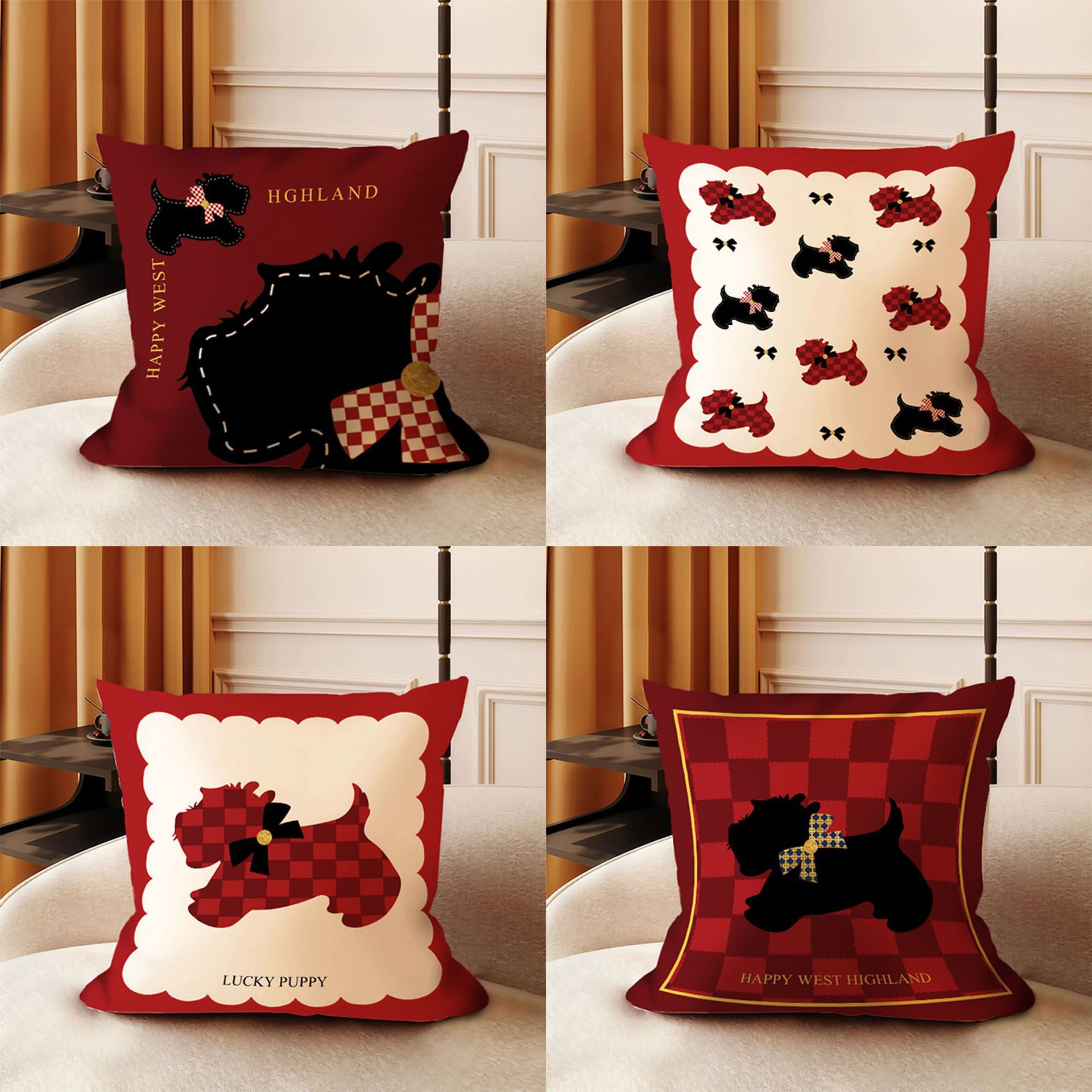 【如华福禄】卡通抱枕红色棋盘格新年沙发靠垫方形毛绒枕套可拆洗卧