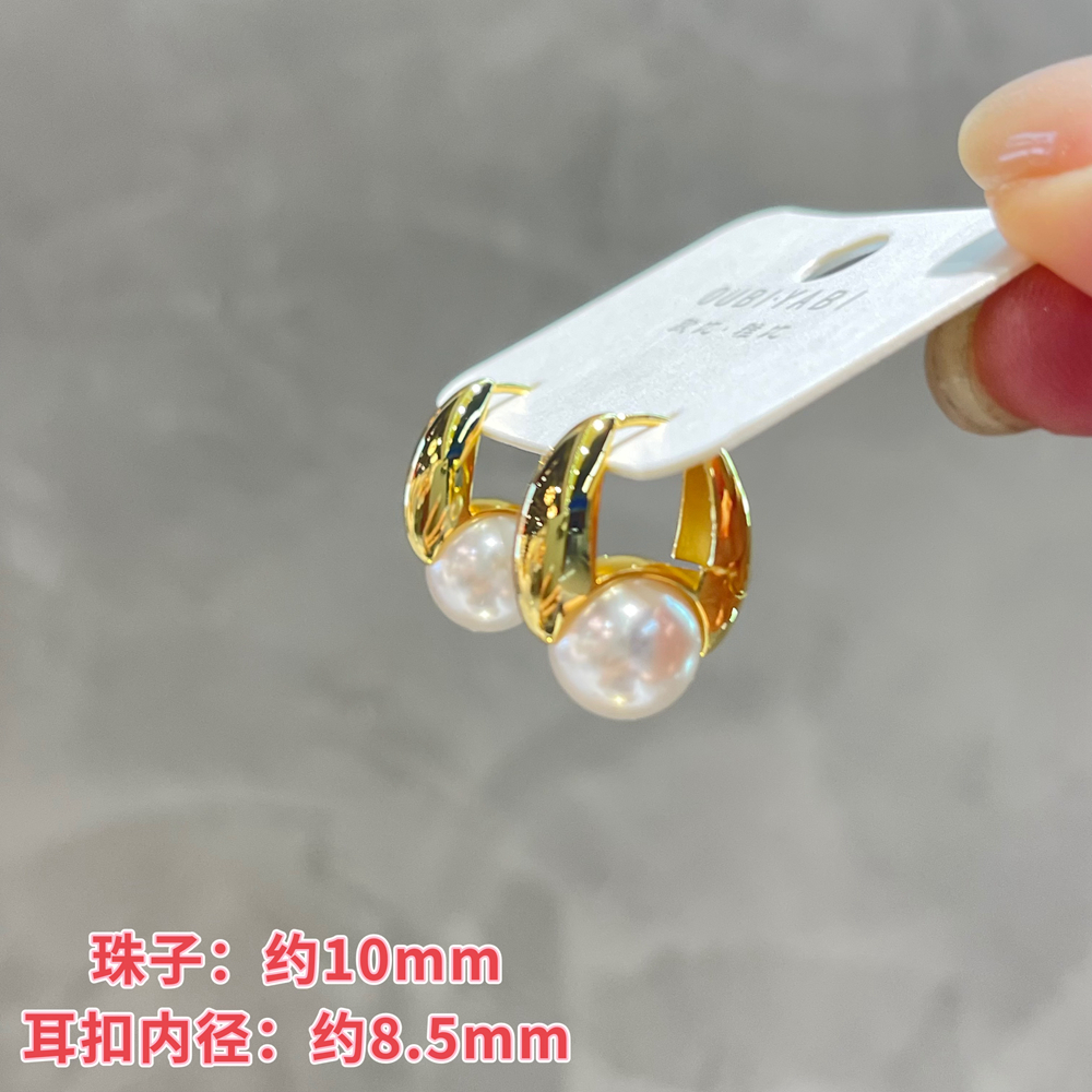 铜合金仿珍珠耳饰 欧比雅比中古金镜面小众设计珍珠水桶耳扣耳圈