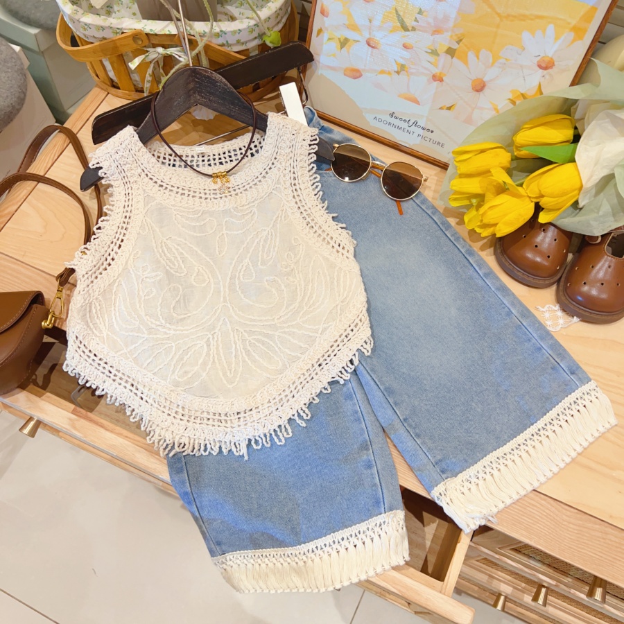 【线下实体品牌】女童设计感钩花流苏短款上衣阔腿牛仔裤套装CTZ265