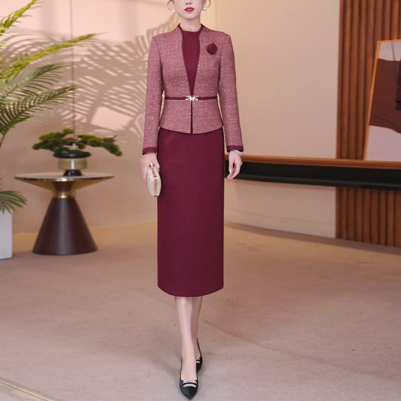 冬季羊毛裙酒红色连衣裙显瘦轻奢优雅气质修身日常一步裙1852-B