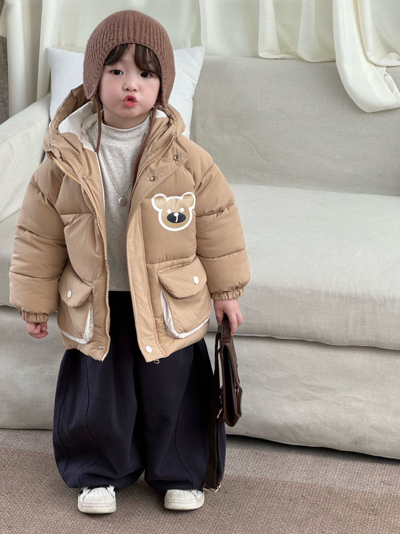 男童棉服外套冬款加绒加厚卡通小熊洋气韩版连帽