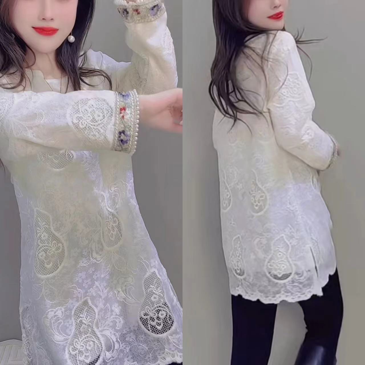 新中式国风长袖圆领蕾丝衫气质修身