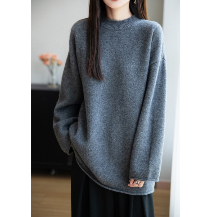 100羊毛插肩镂空圆领衫半高领中长款短款内搭宽松羊毛套头衫Y2562