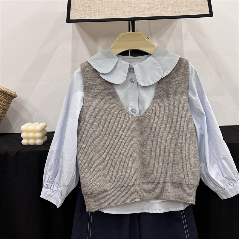 现货leomama【一眼高级】女童秋款针织衫叠穿背心大童套头针织马甲