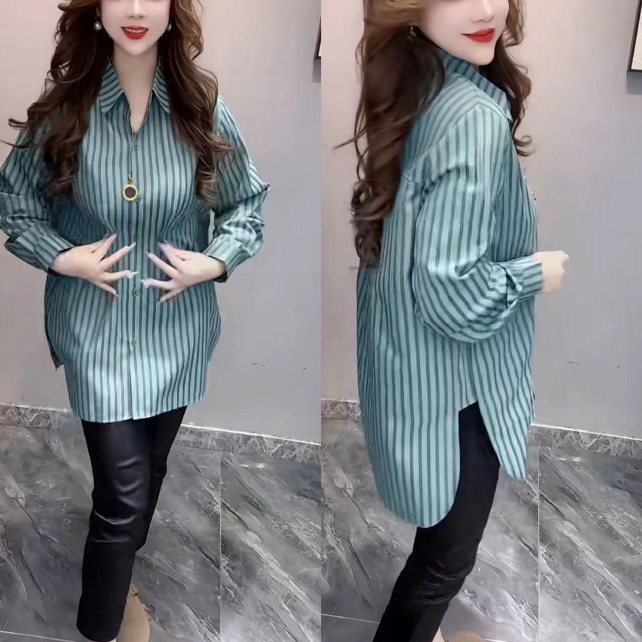 宽松条纹韩版时尚百搭休闲洋气中长款衬衫
