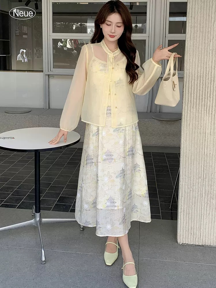 新中式时尚套装复古气质连衣裙套装时尚裙子长裙蕾丝