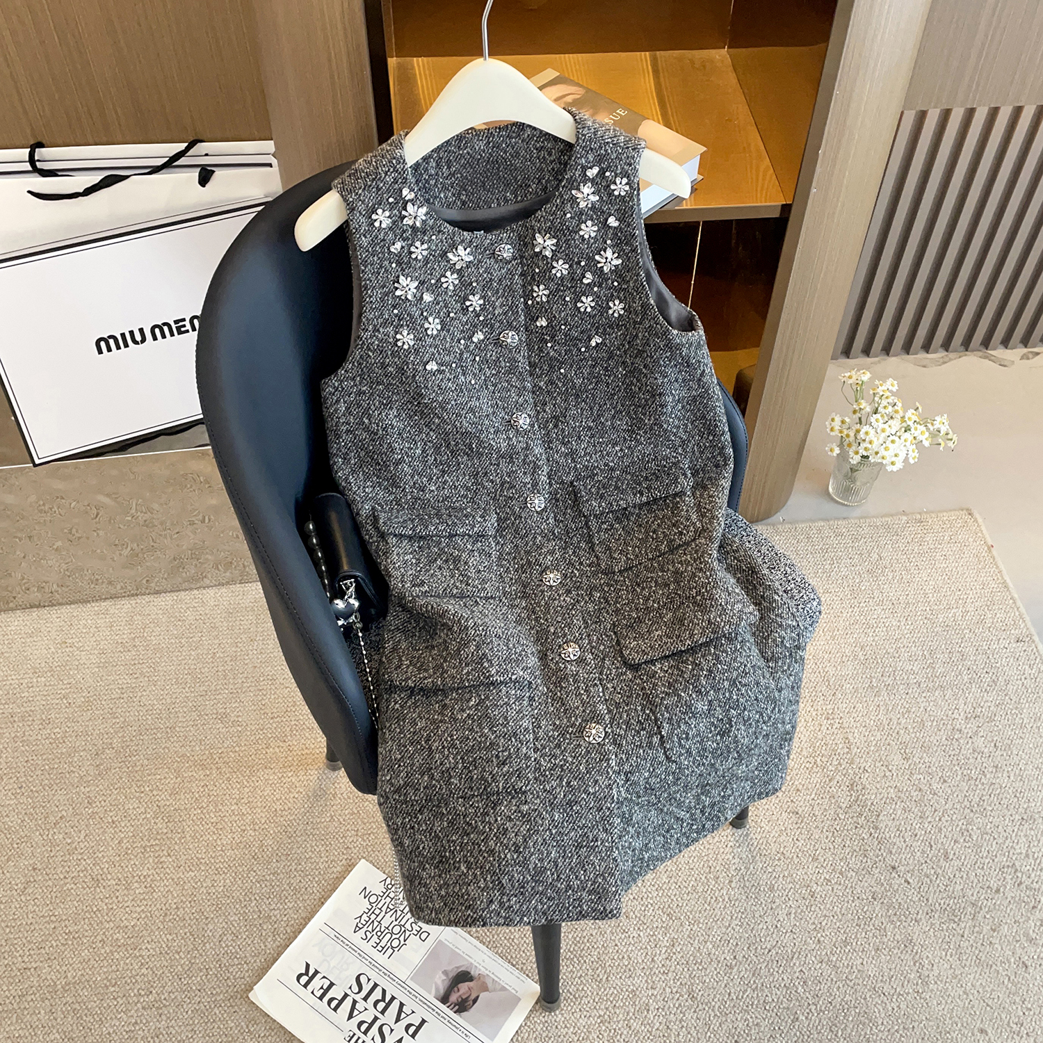 灰色小香风精致钉花叠穿打底背心连衣裙子女千金穿搭MAU2163