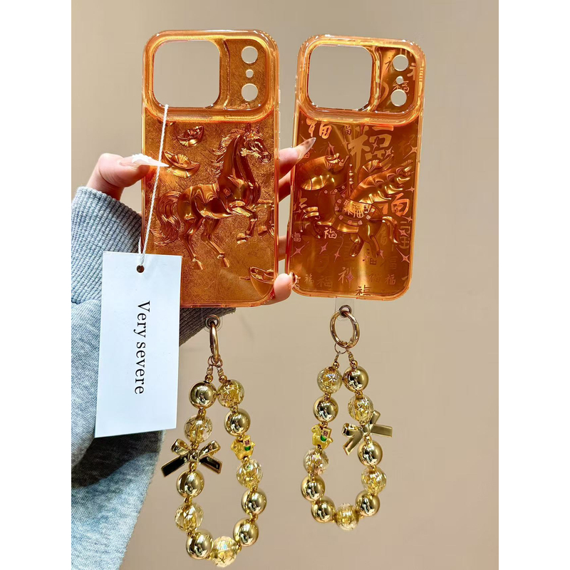 国风元宝福字飞奔小马手拎珠链适用苹果17promax手机壳15iphone16