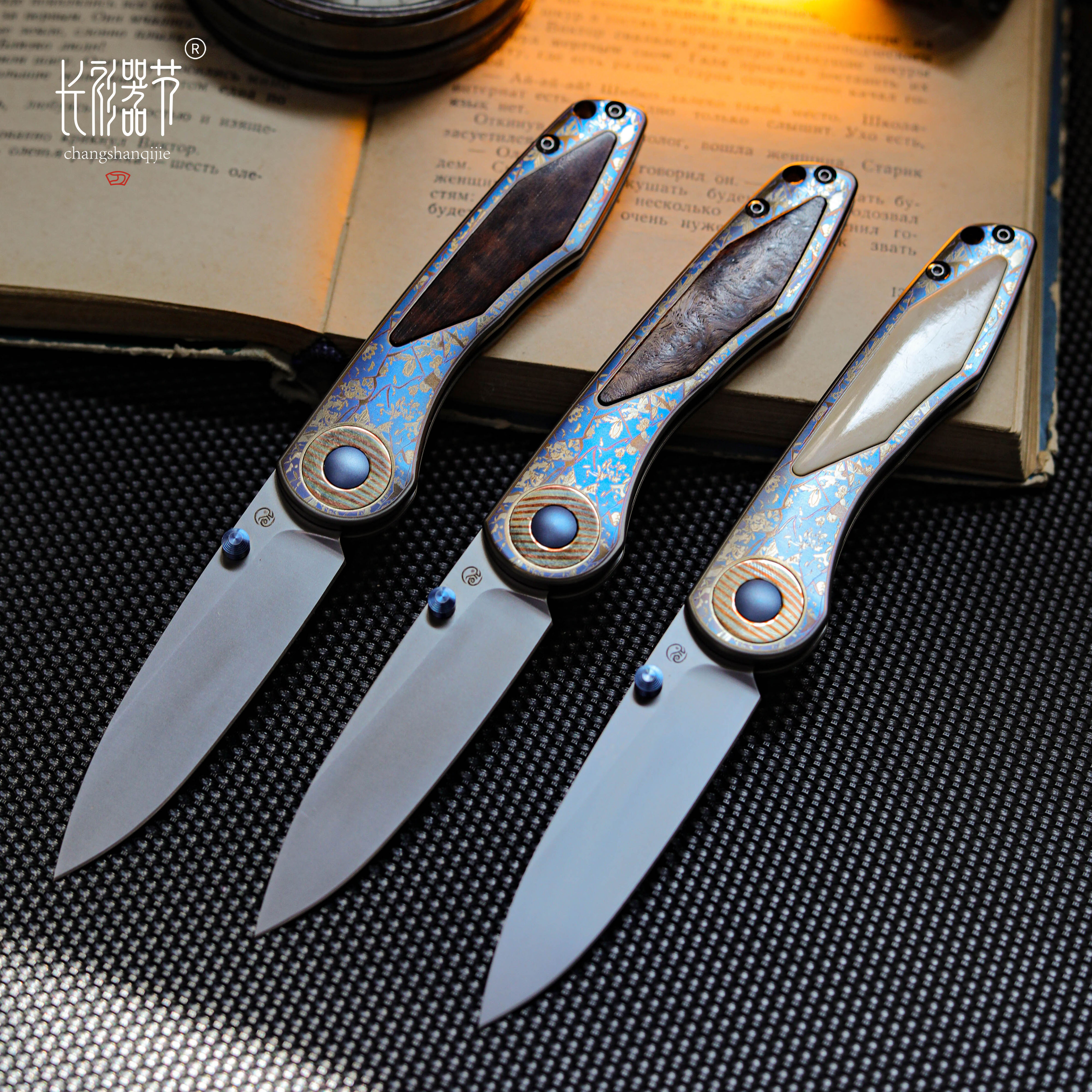 长衫器节紫罗兰和谐口袋刀K390/M390刀刃蛇纹木花梨瘿天然牙手柄