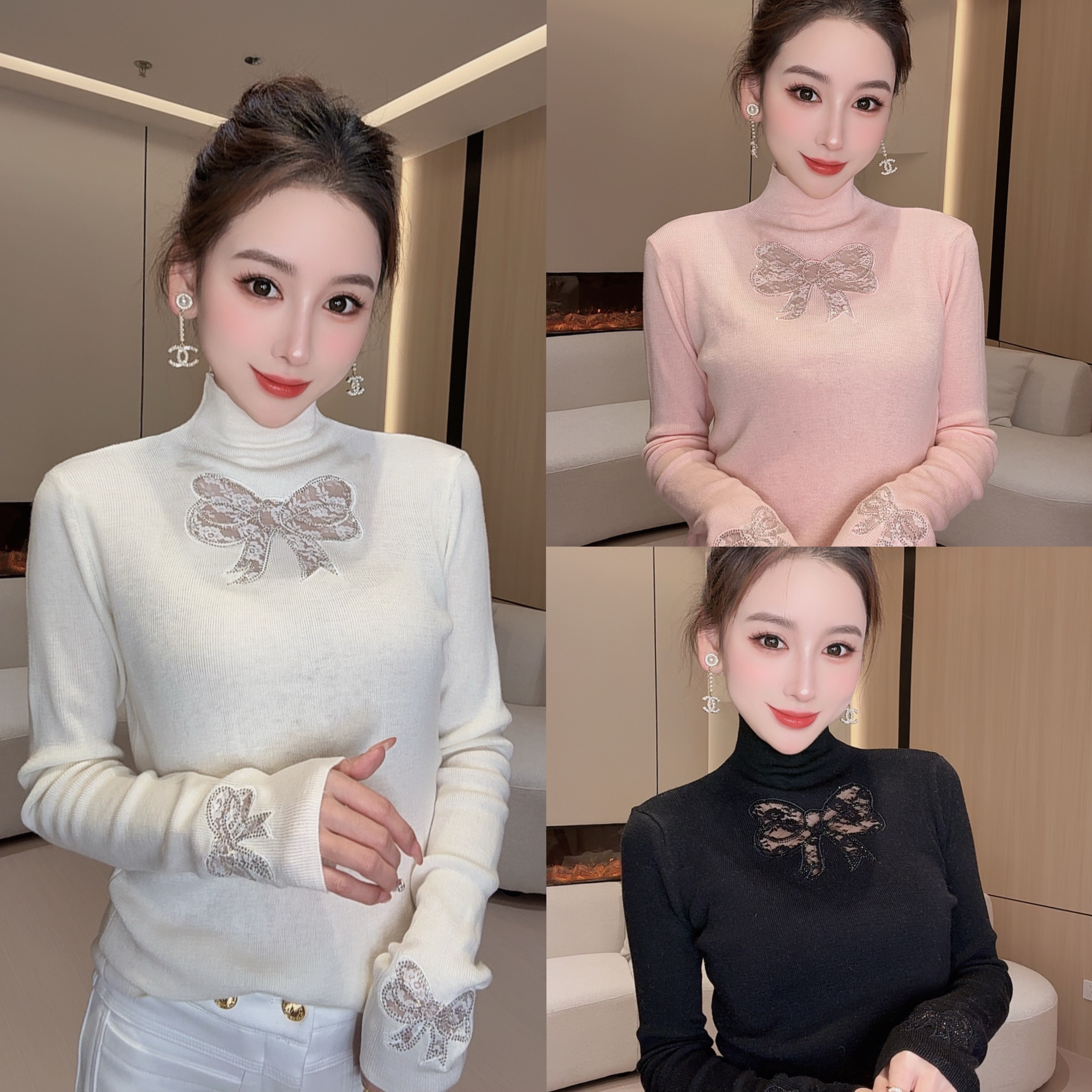 半高领镂空蝴蝶结设计洋气百搭内搭针织上衣