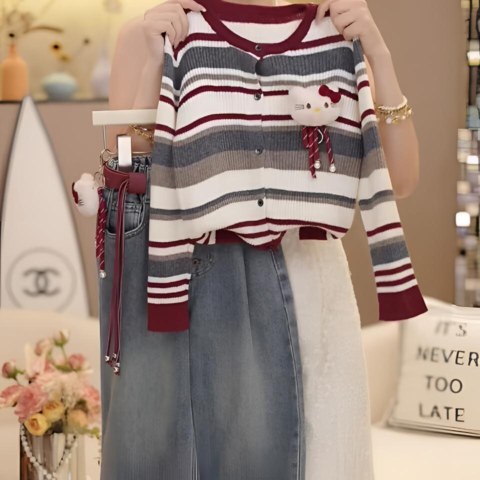 女童套装2025新款秋装洋气时髦儿童针织开衫毛衣女孩牛仔裤两件套