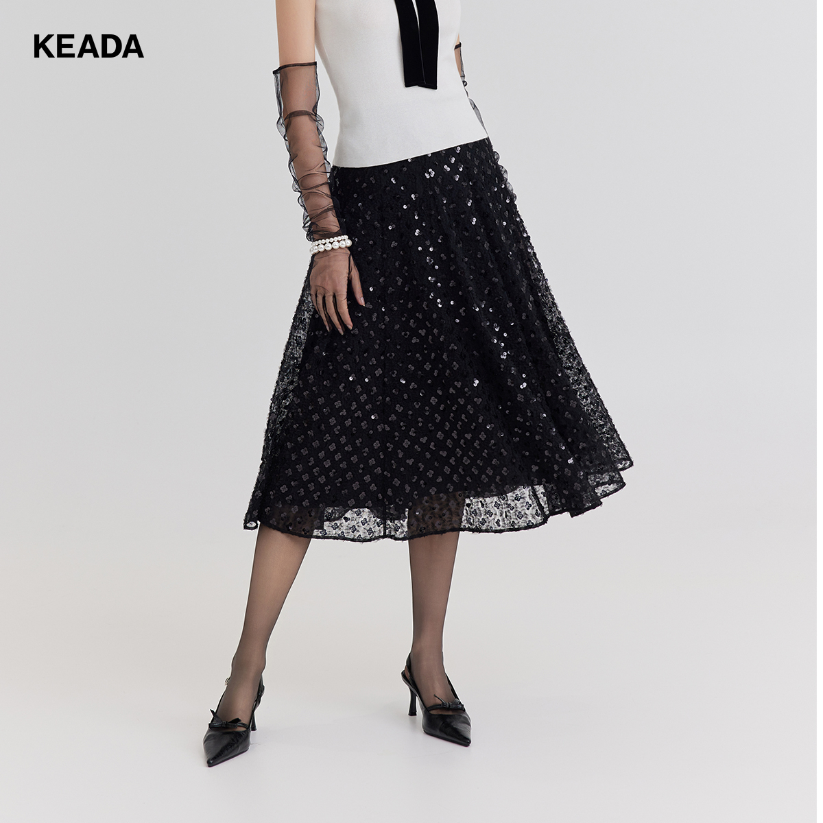 KEADA中长裙端庄休闲盘带珠片刺绣黑色网纱半身裙KSN3SK1325