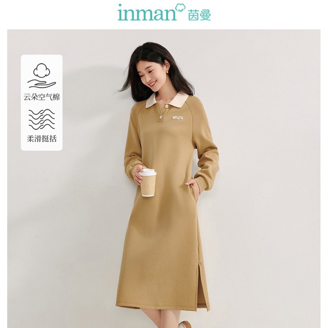 【商场同款】茵曼春秋女连衣裙长裙长袖女装性感新款休闲POLO时尚领