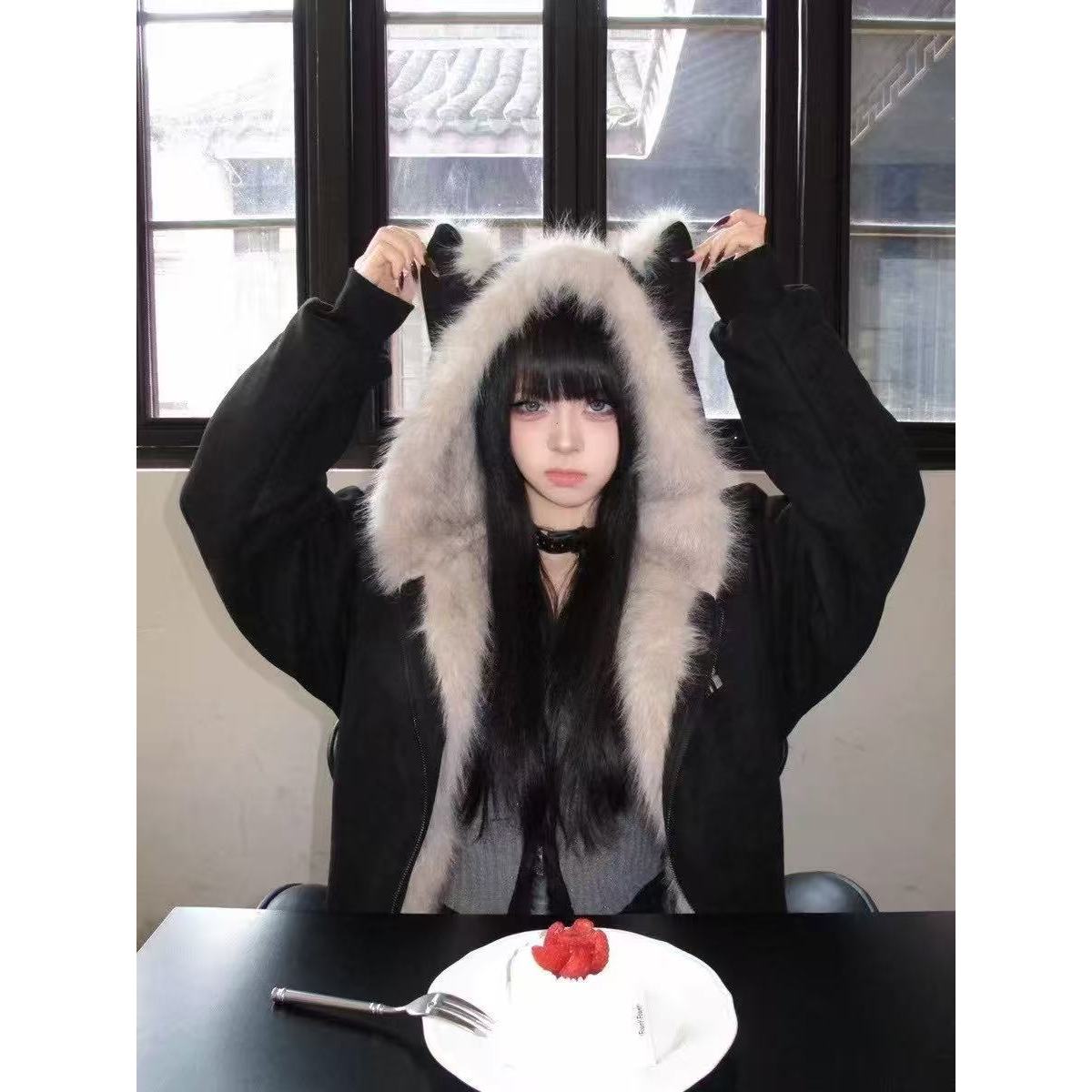 （吃饱饱）茸茸毛领男女加绒夹克美式cleanfit棉衣66615