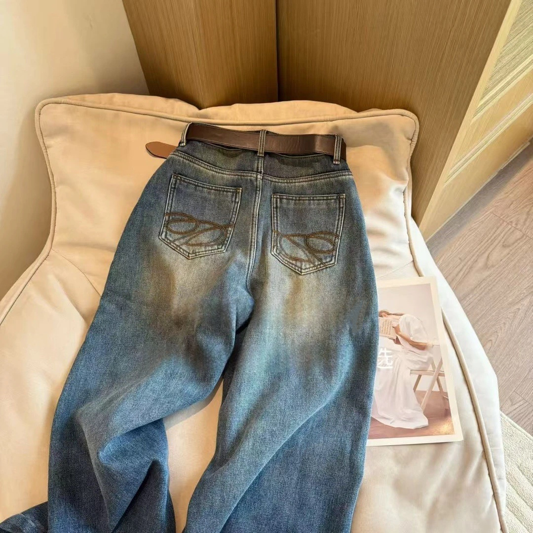 7695 Q【送腰带】加绒窄版显瘦阔腿裤冬季新柔软高腰宽松牛仔裤女