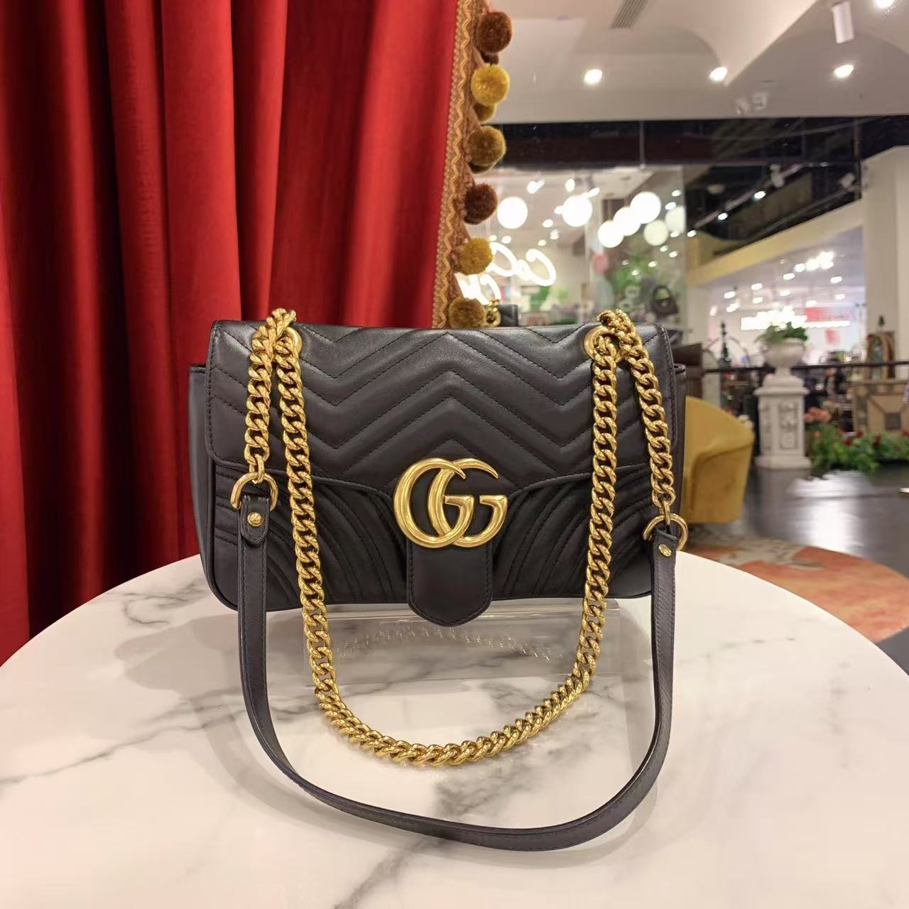 95新 GUCCI/古驰 GGS马蒙中号黑金牛皮单肩包76068078