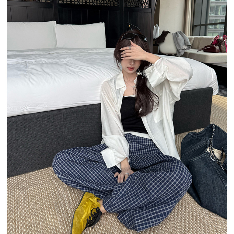 新款阔腿裤宽松高腰百搭加绒格子裤子男女直筒家居裤男女长裤K01