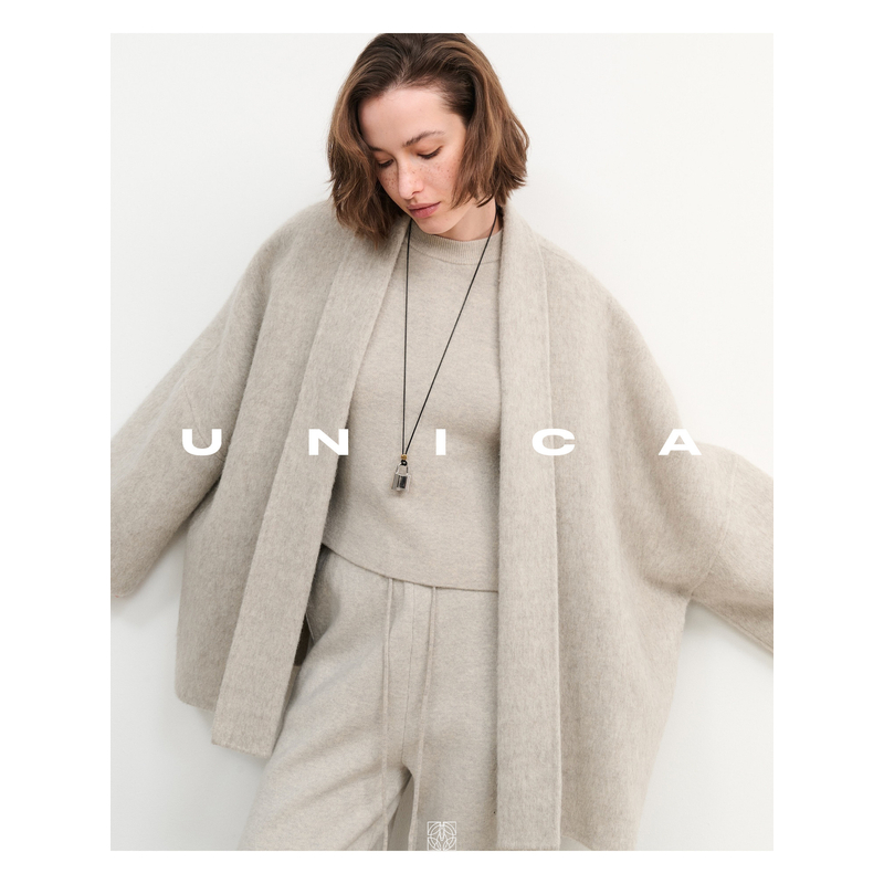 UNICA/敲轻意大利PIACENZA长毛双面呢廓形浴袍式大衣