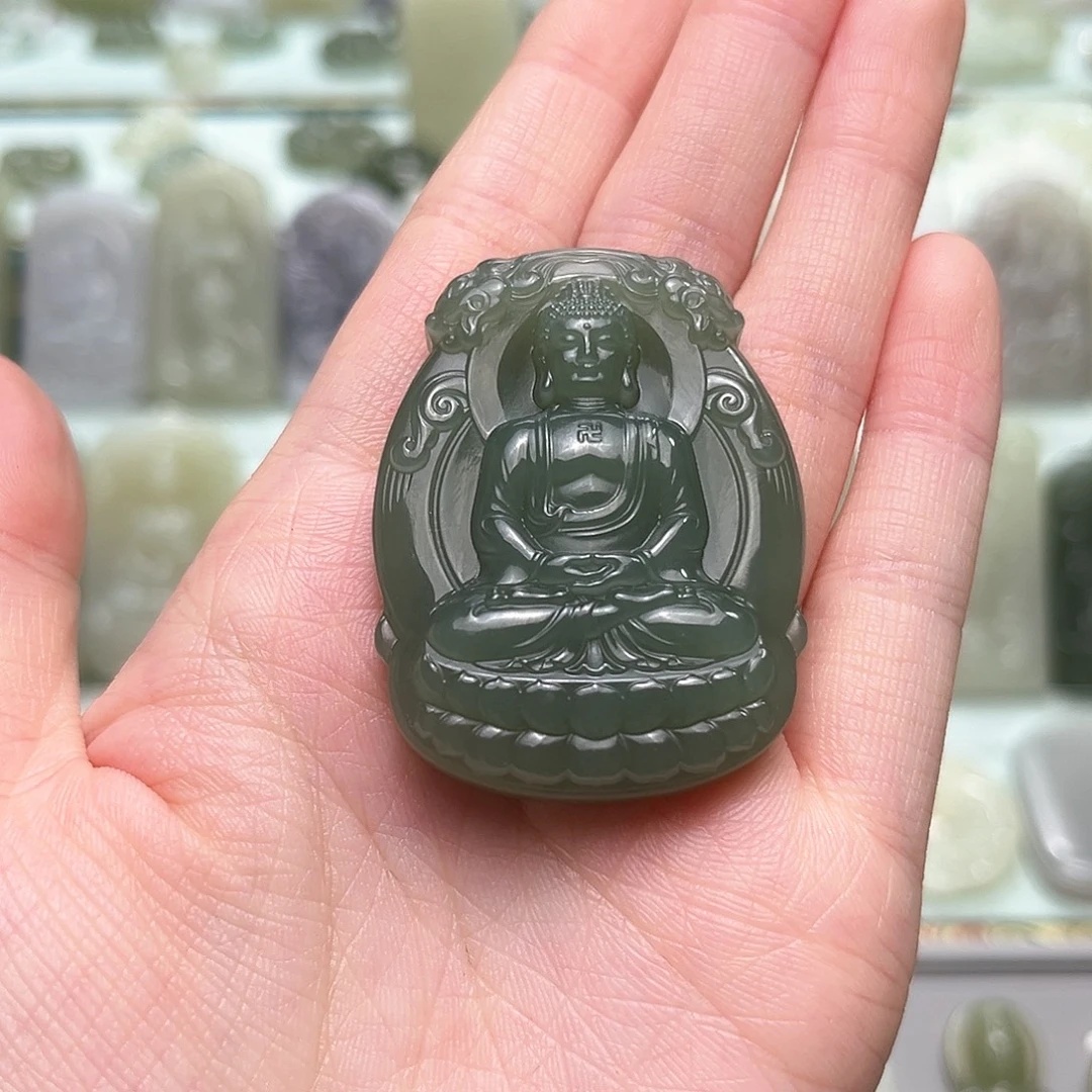 天然和田玉大日如来羊猴守护神深湖水绿