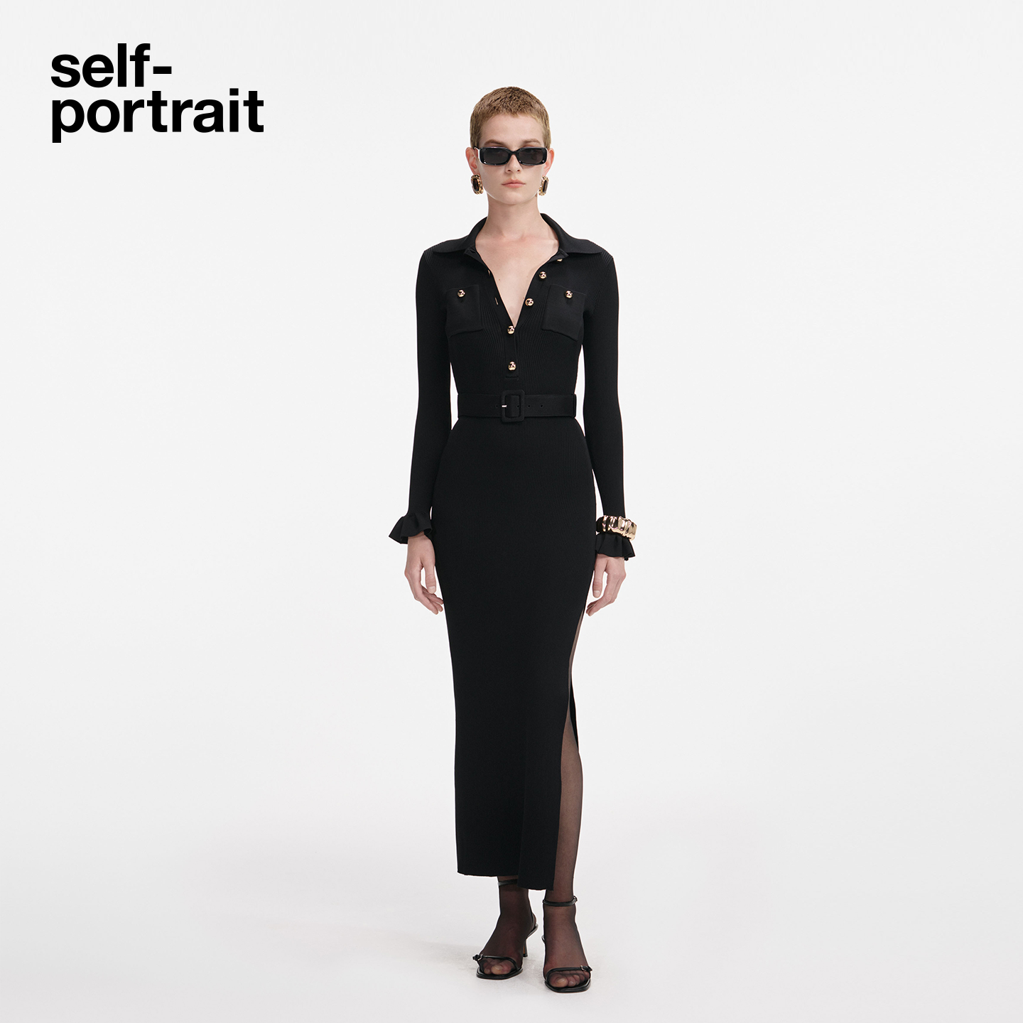 self-portrait 2025秋冬新款经典黑千金风通勤翻领针织连衣裙
