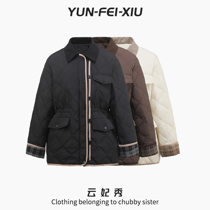 云妃秀大码女装羽绒服复古格纹袖口翻领宽松显瘦胖妹妹冬季25020