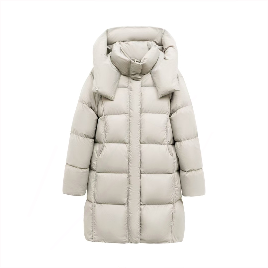 真90白鹅绒云朵泡芙连帽休闲中长款羽绒服女新款加厚保暖纯色外套