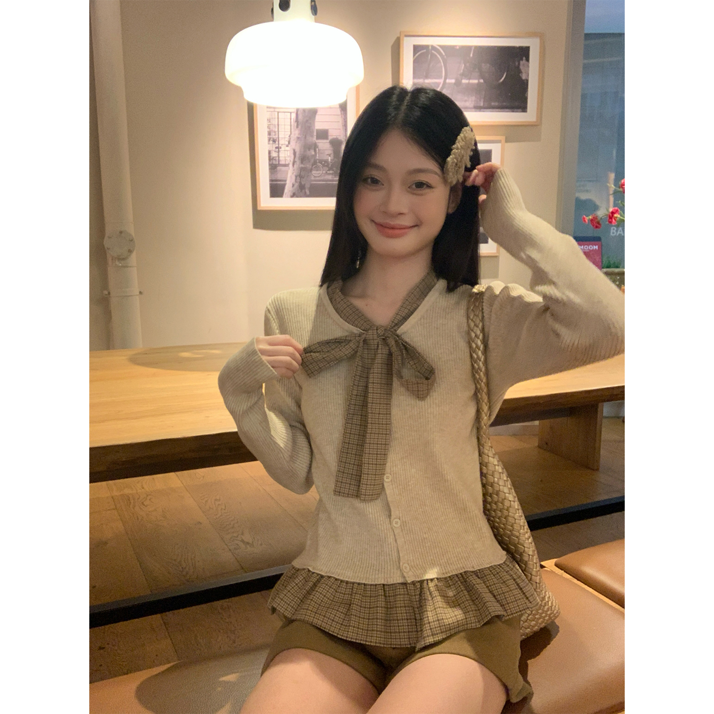宋正恩12/1 10:00AM奶茶色拼格子蝴蝶结绑带假两织小件AAS10310