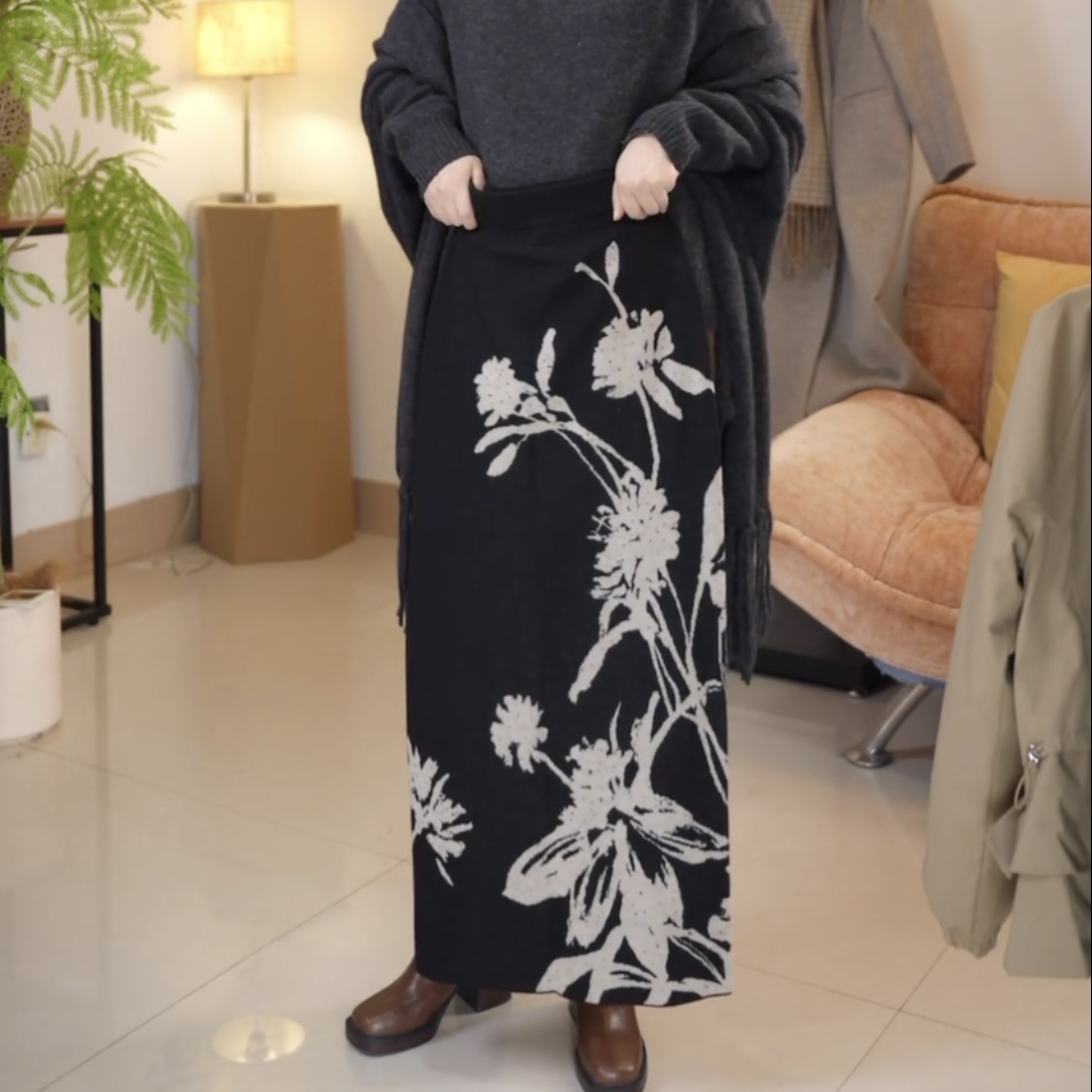 冬季时尚气质花朵优雅风提花黑色半身裙秋冬针织长裙女士中长裙