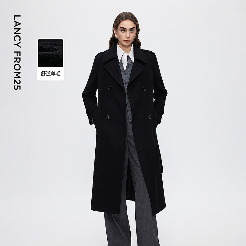 朗姿羊毛复古翻领挺阔毛呢外套优雅气质呢子大衣女2025年冬季新款