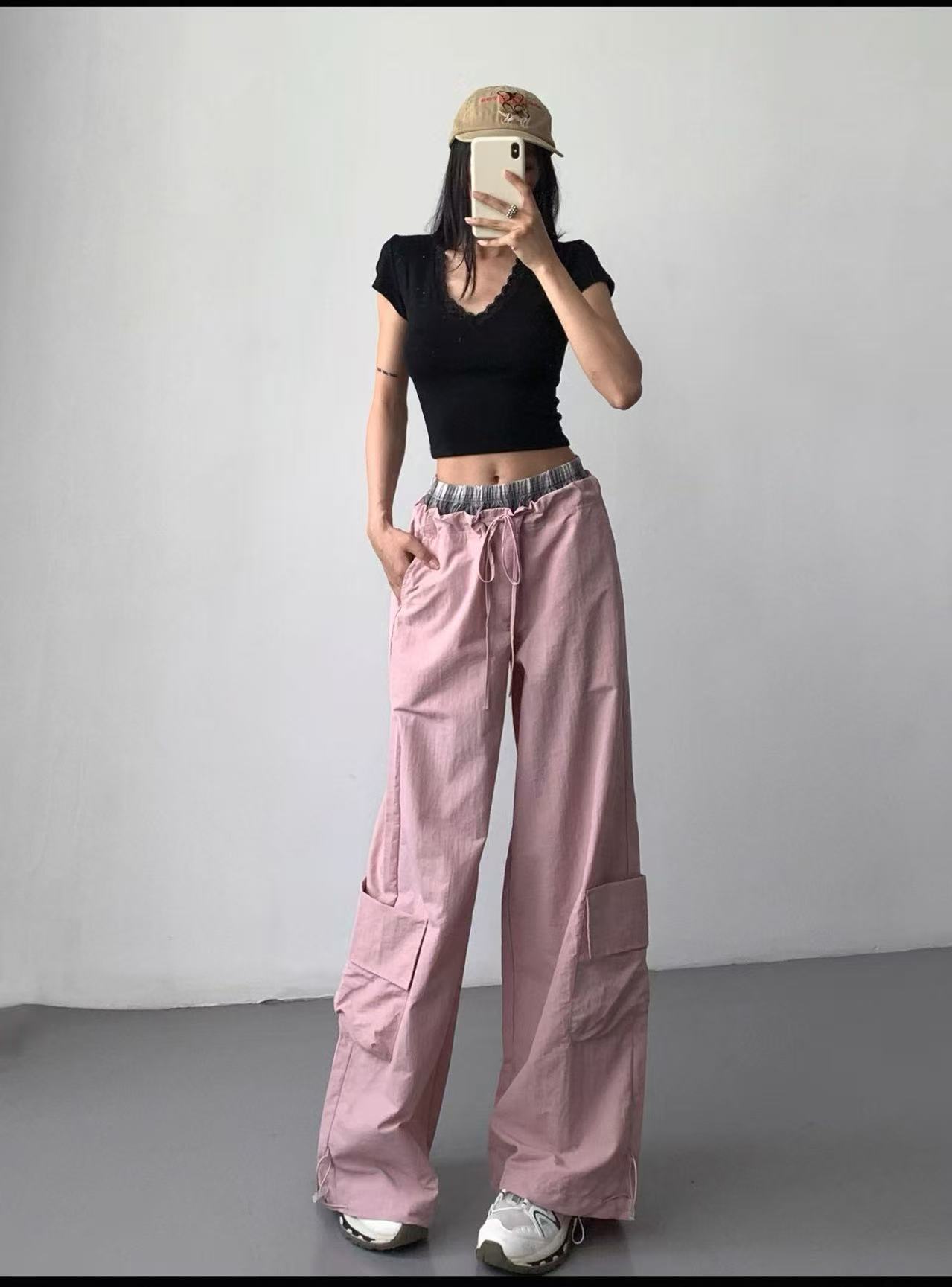 8859双腰头格子拼接工装裤