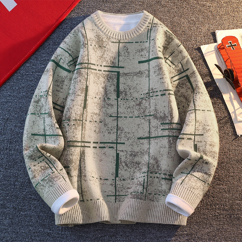 【高品质】2025秋冬季男士潮流印花毛衣休闲百搭宽松圆领针织衫902