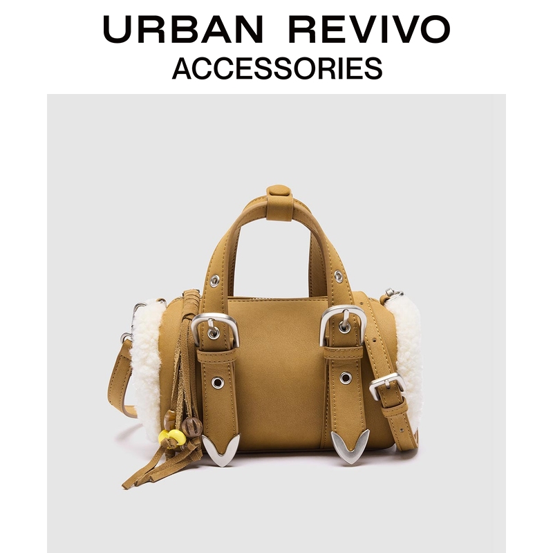 URBAN REVIVO2025冬季新款女士毛绒圆筒手提斜挎包UAYB50182