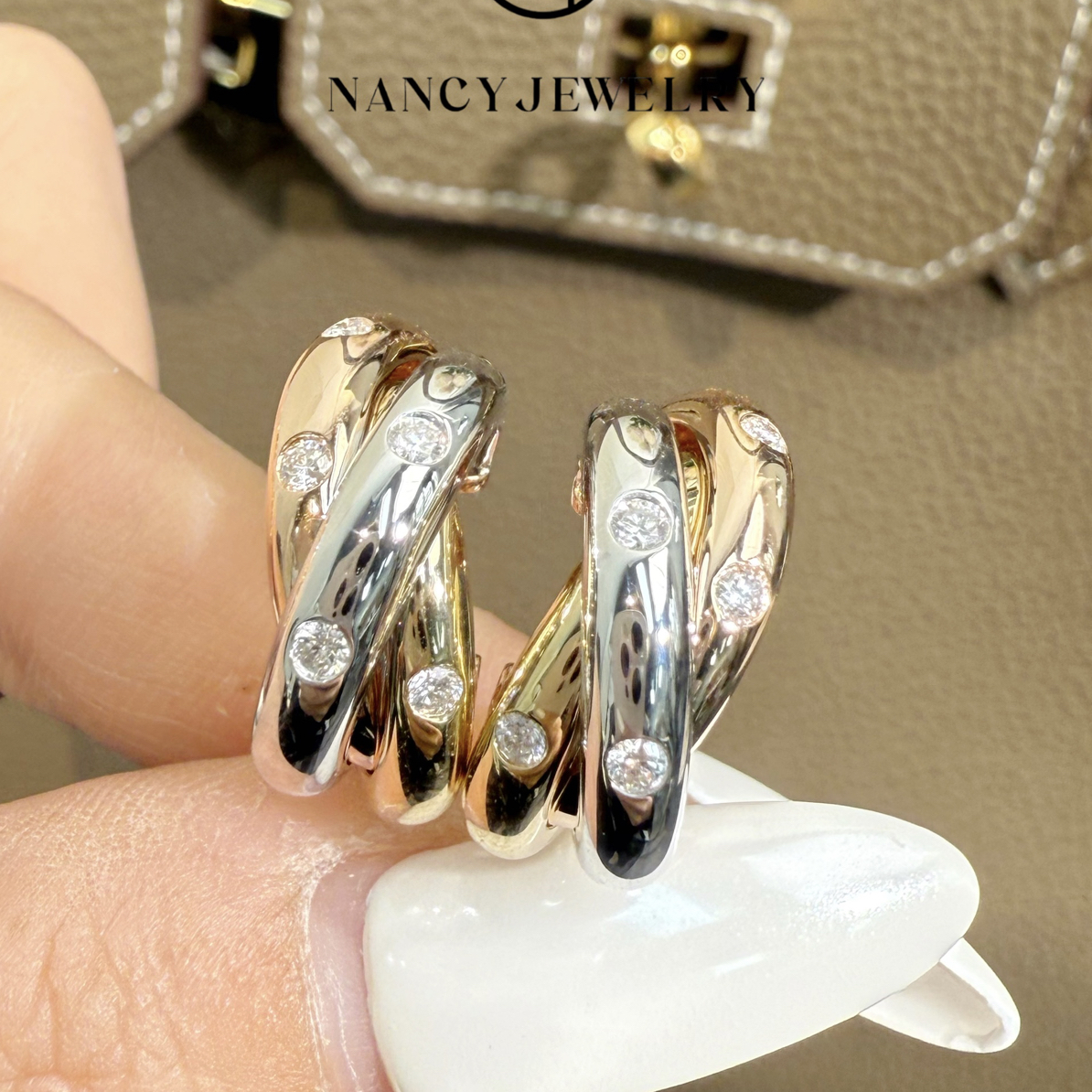 实验室培育钻石【念慈高定】18k三色六钻耳环气质高级大气