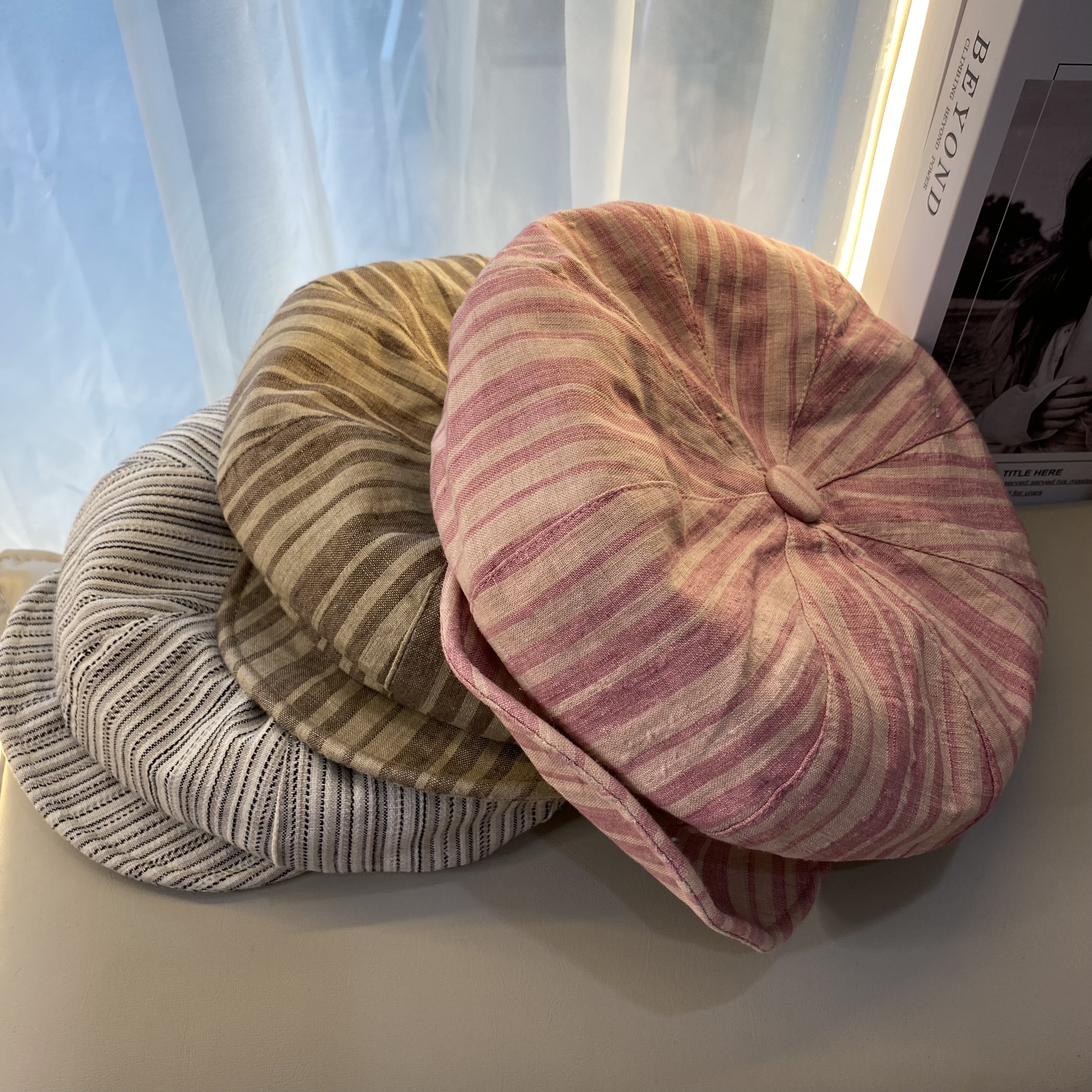 文艺复古条纹八角云朵帽轻薄亚麻透气百搭时尚鸭舌ins蓓蕾帽春夏