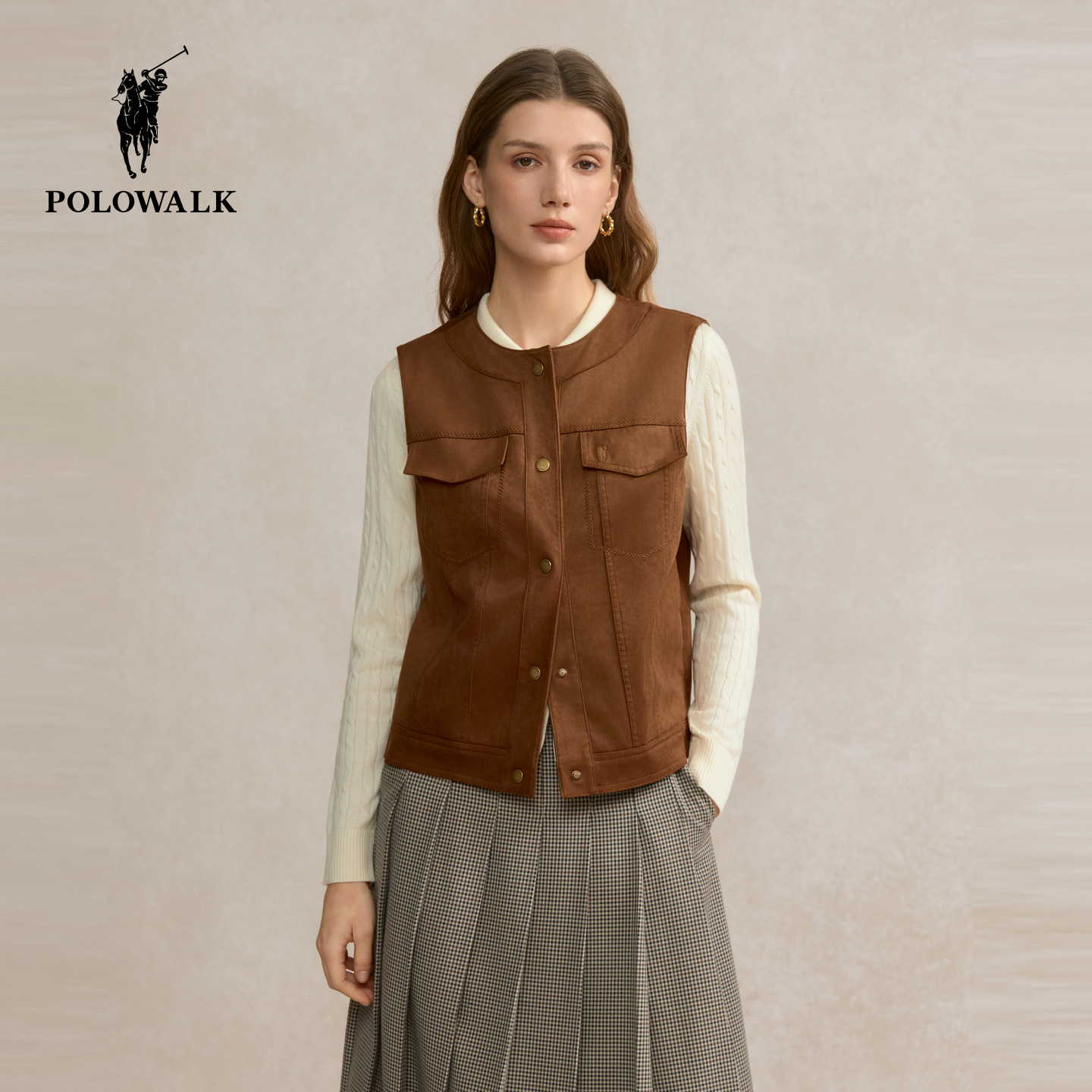 POLOWALK2025秋季新品工装风圆领休闲通勤女装马甲C7AW53440041
